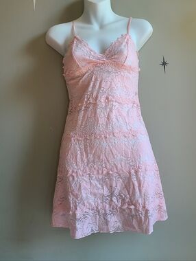 La Vie En Rose Pink Floral Lace Tiered Babydoll Slip Dress S
